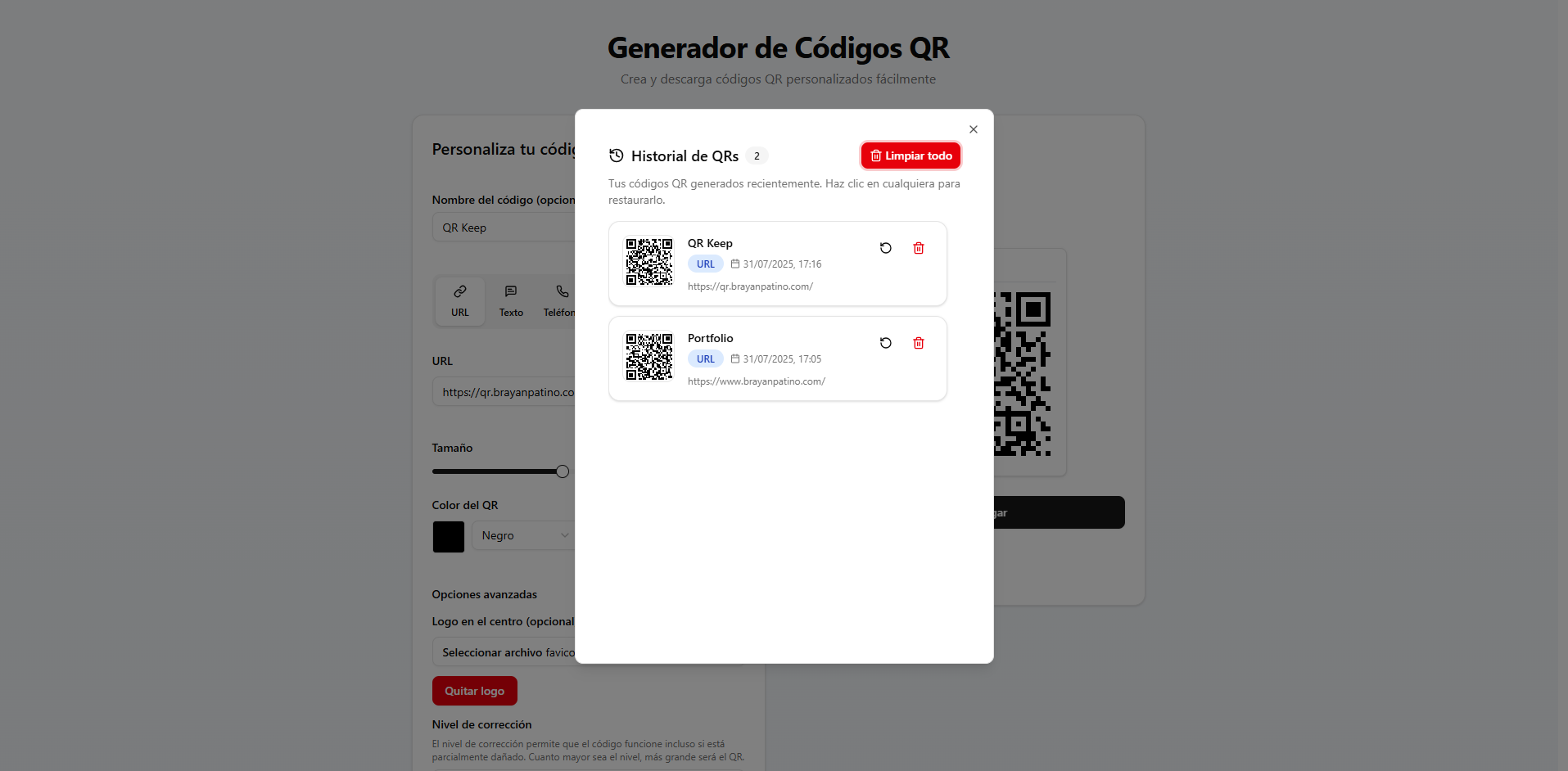 Historial de QR Keep